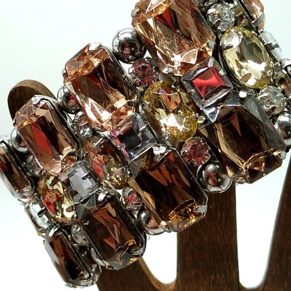 Crystal Rhinestone Stretch Bracelet Wide Amber Bronze Silver - Picture 7 of 10